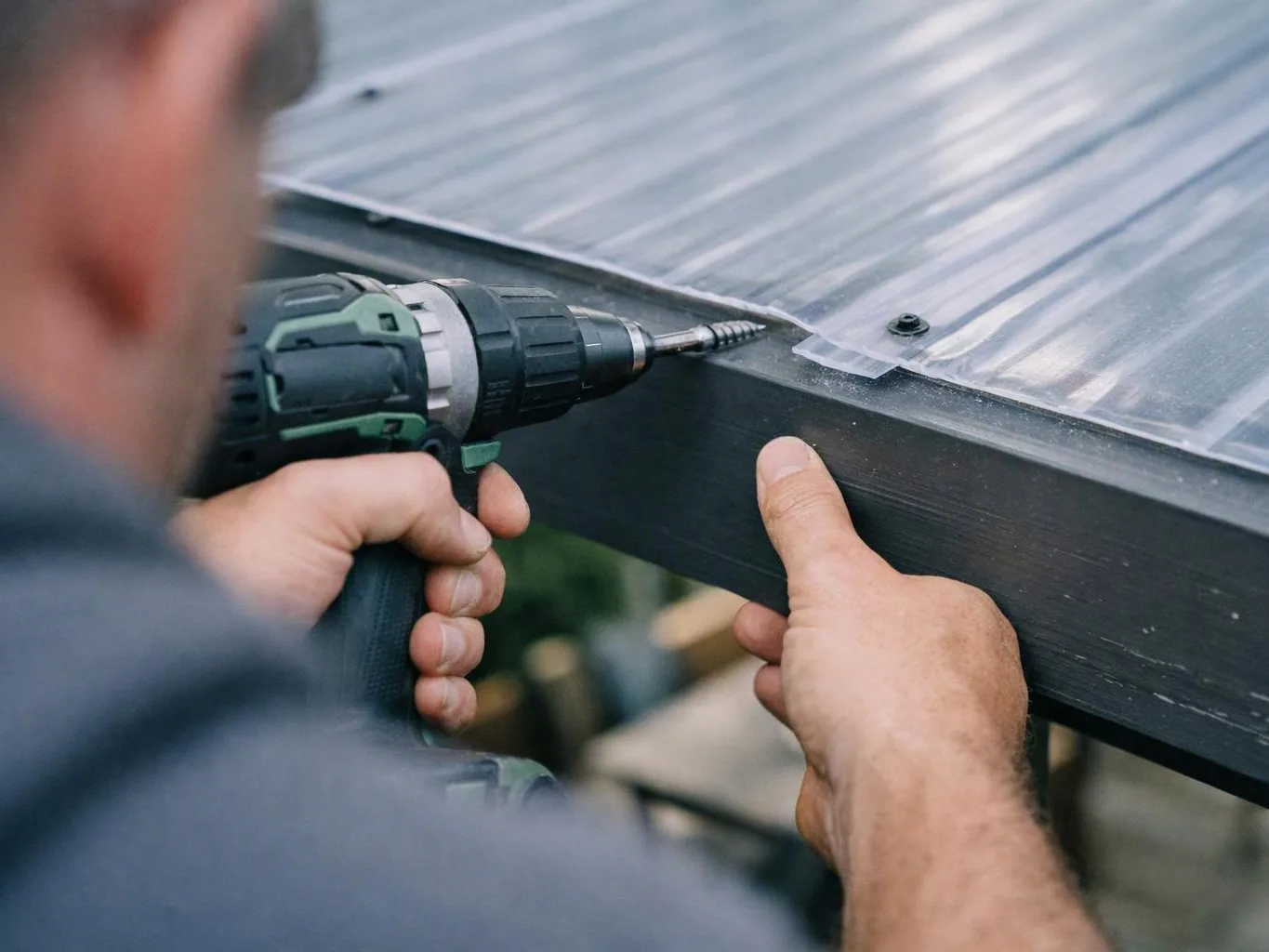 A person drills a screw into a metal frame beside a clear plastic panel