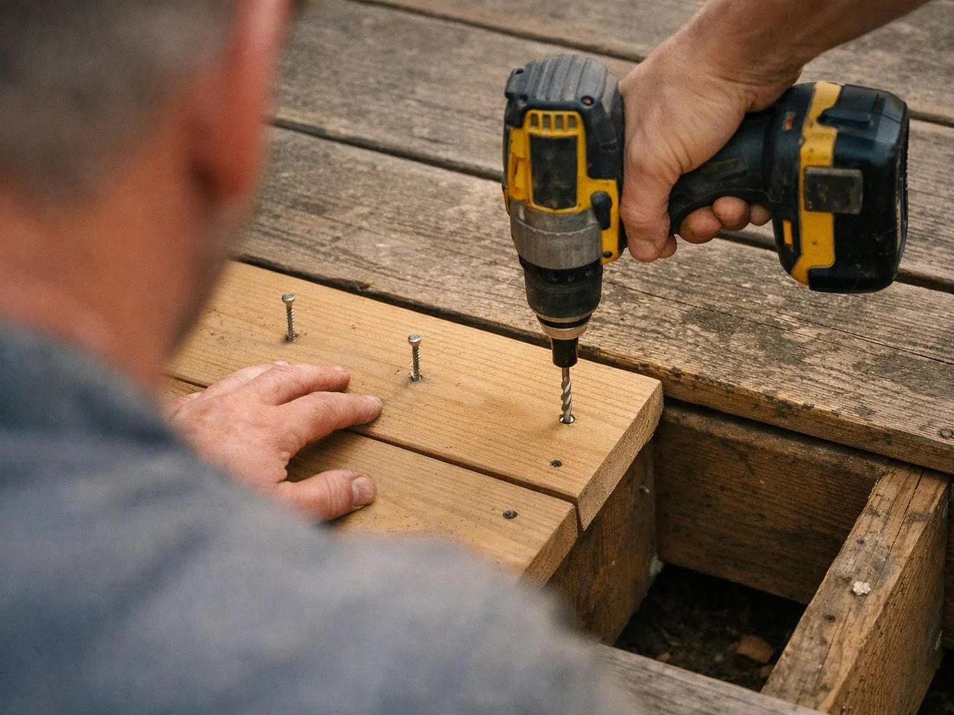 A person drills a screw into a wooden board on weathered deck boards outdoors