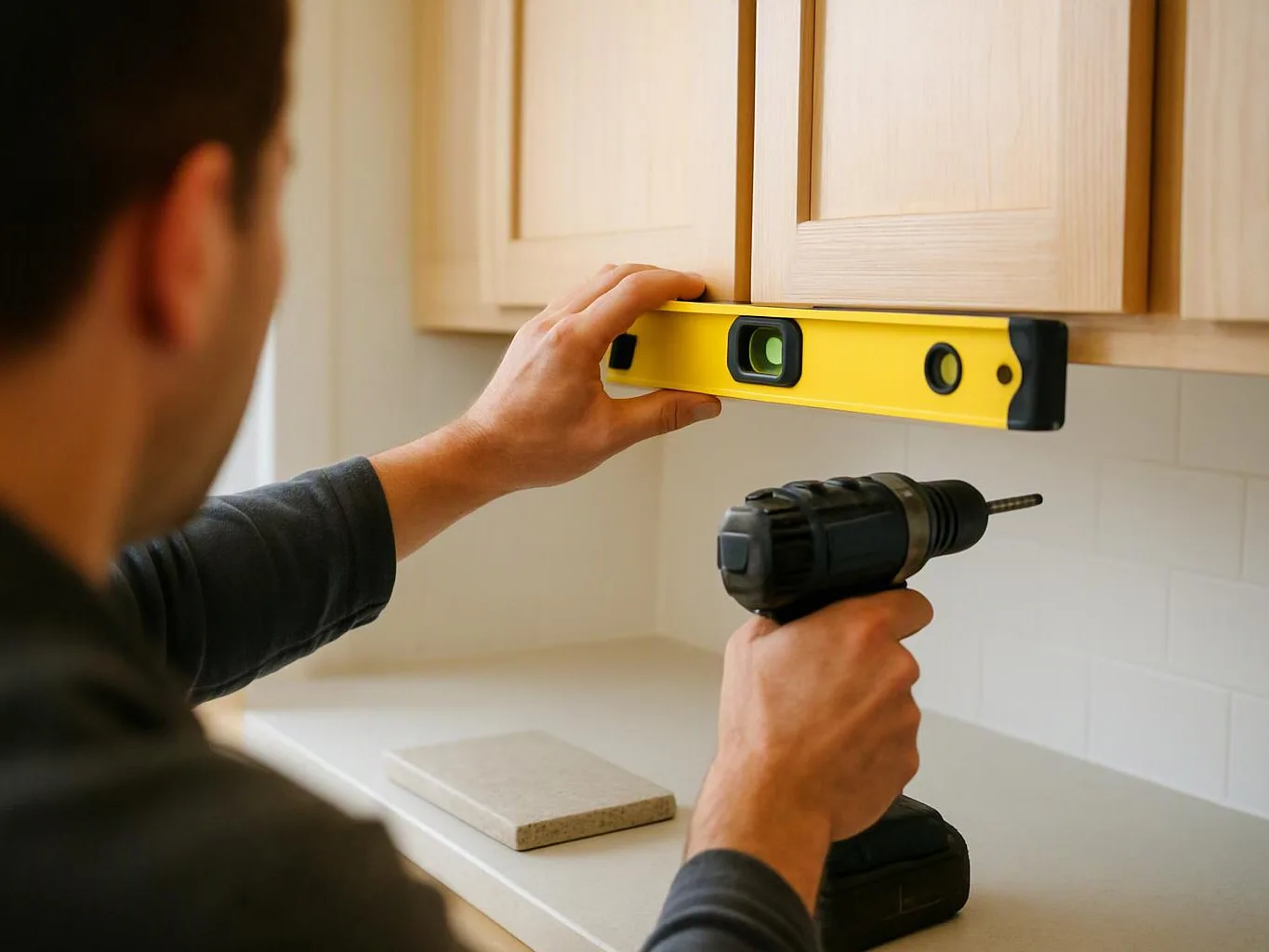 A person holds a level against cabinet doors while using a cordless drill in a bright kitchen