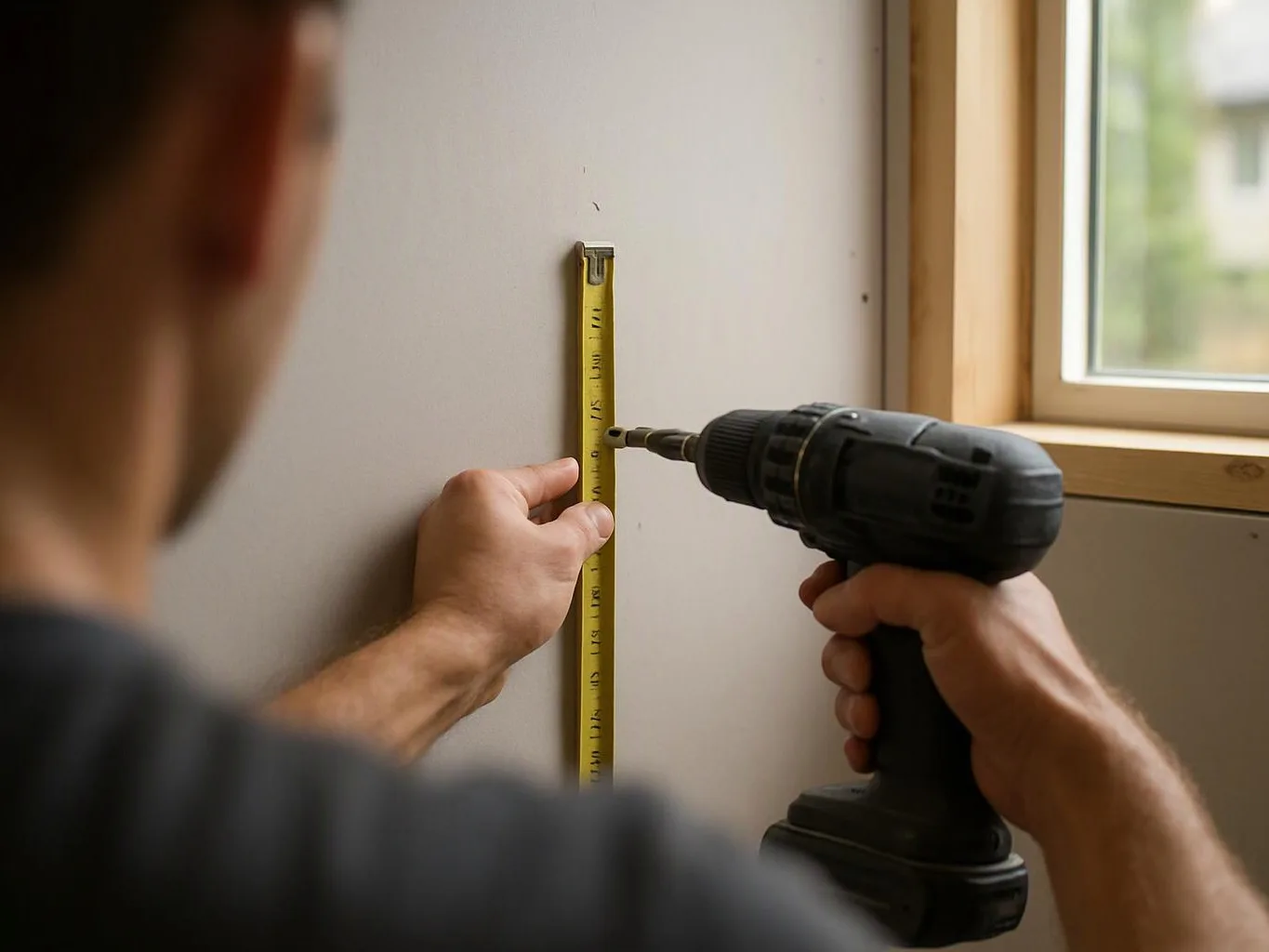 A person holds a tape measure on a wall while using a cordless drill near a window