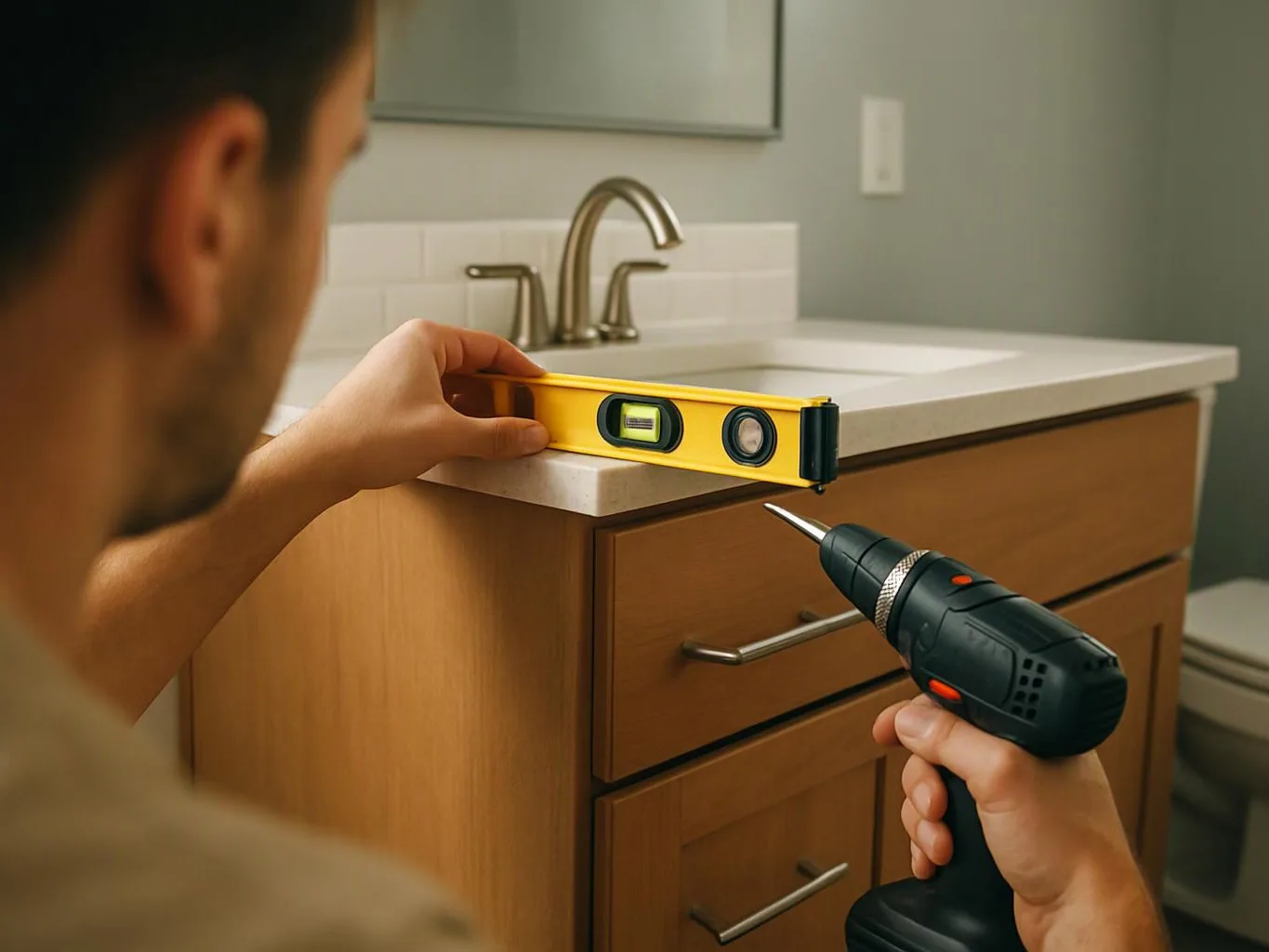 A person holds a yellow level on a bathroom counter while another hand points a cordless drill at the cabinet beneath it