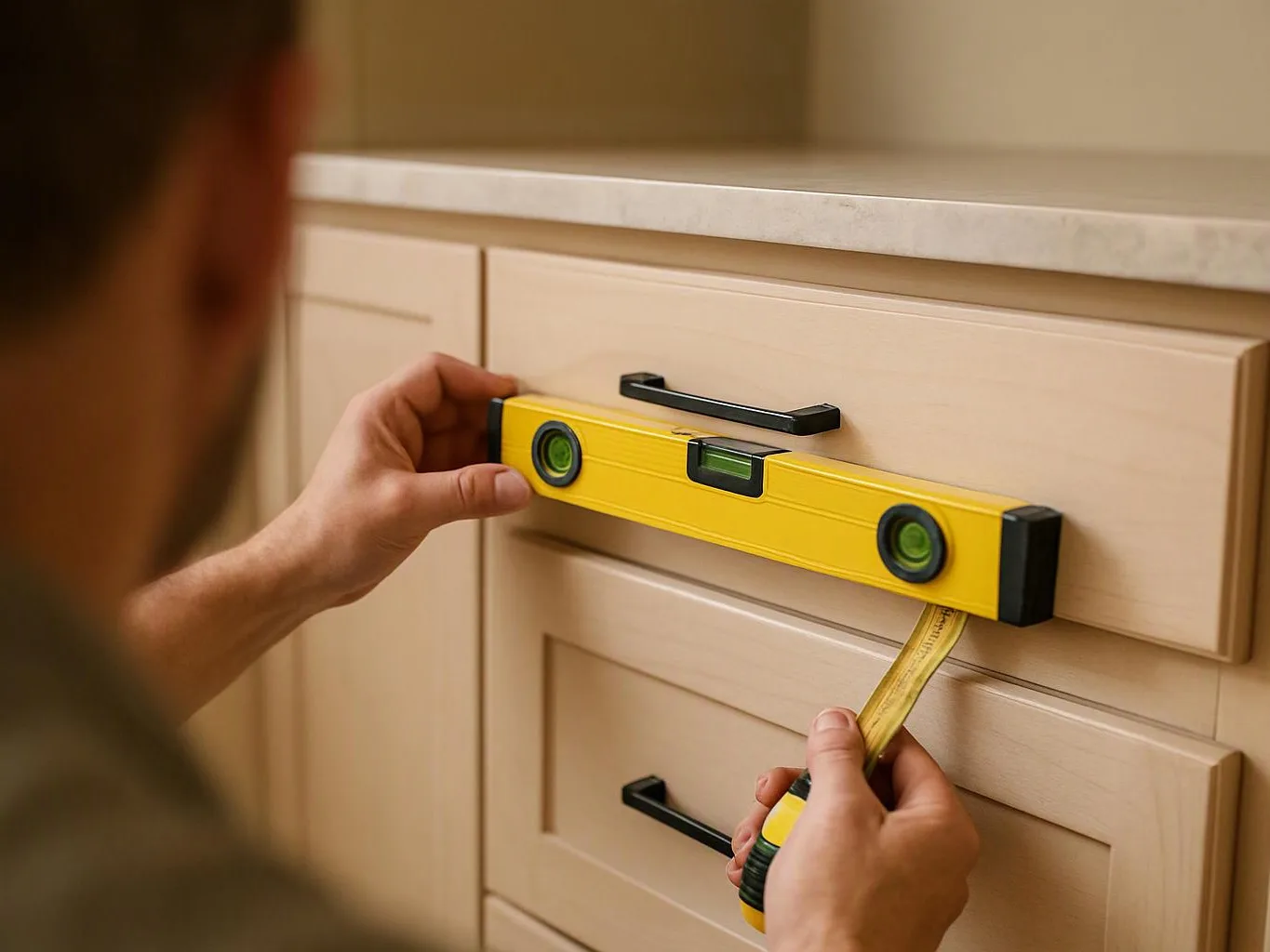 A person measures a cabinet drawer with a yellow level and tape measure in a kitchen-like room