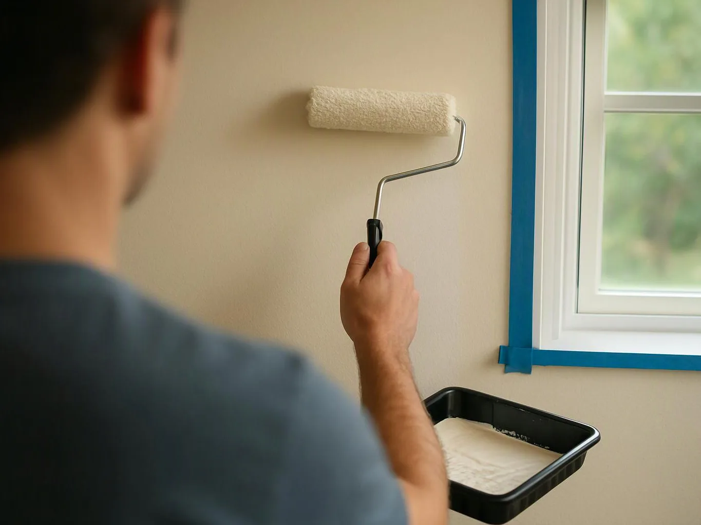 A person paints a beige wall near a taped window, holding a roller over a black paint tray