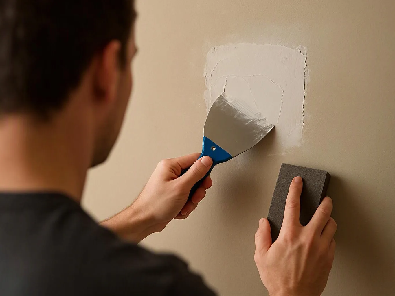 A person scrapes wall putty with a putty knife while holding sandpaper against a beige wall