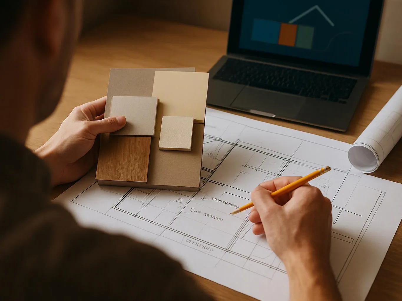 A person sketches a floor plan while holding color and material samples beside a laptop on a desk