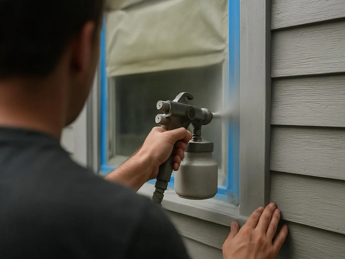 A person sprays paint onto taped window trim beside gray house siding