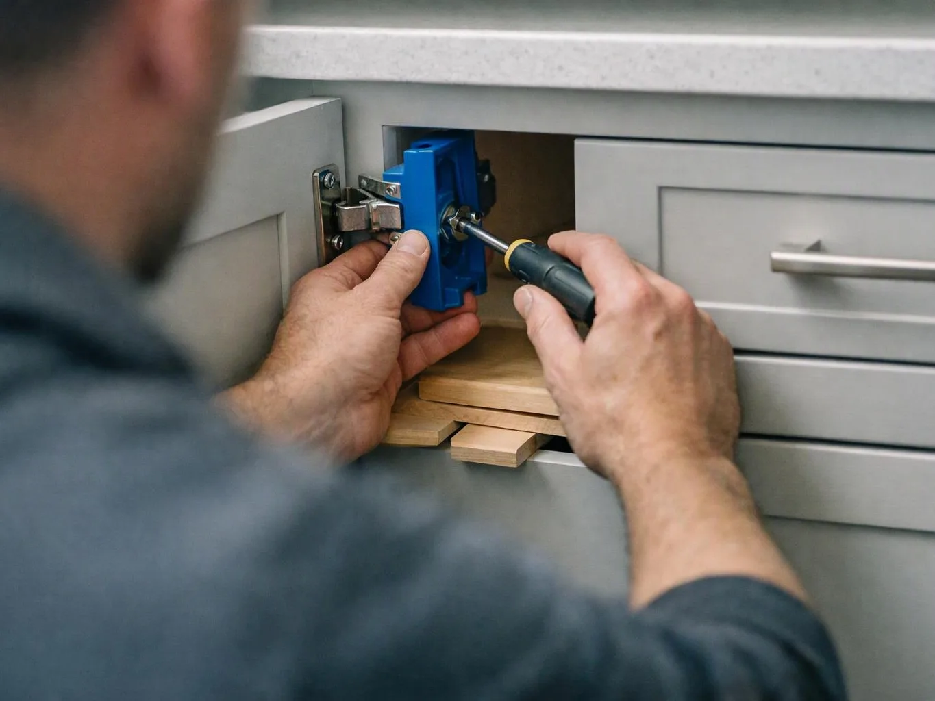 A person uses a screwdriver to adjust a blue cabinet hinge inside an open gray drawer cabinet