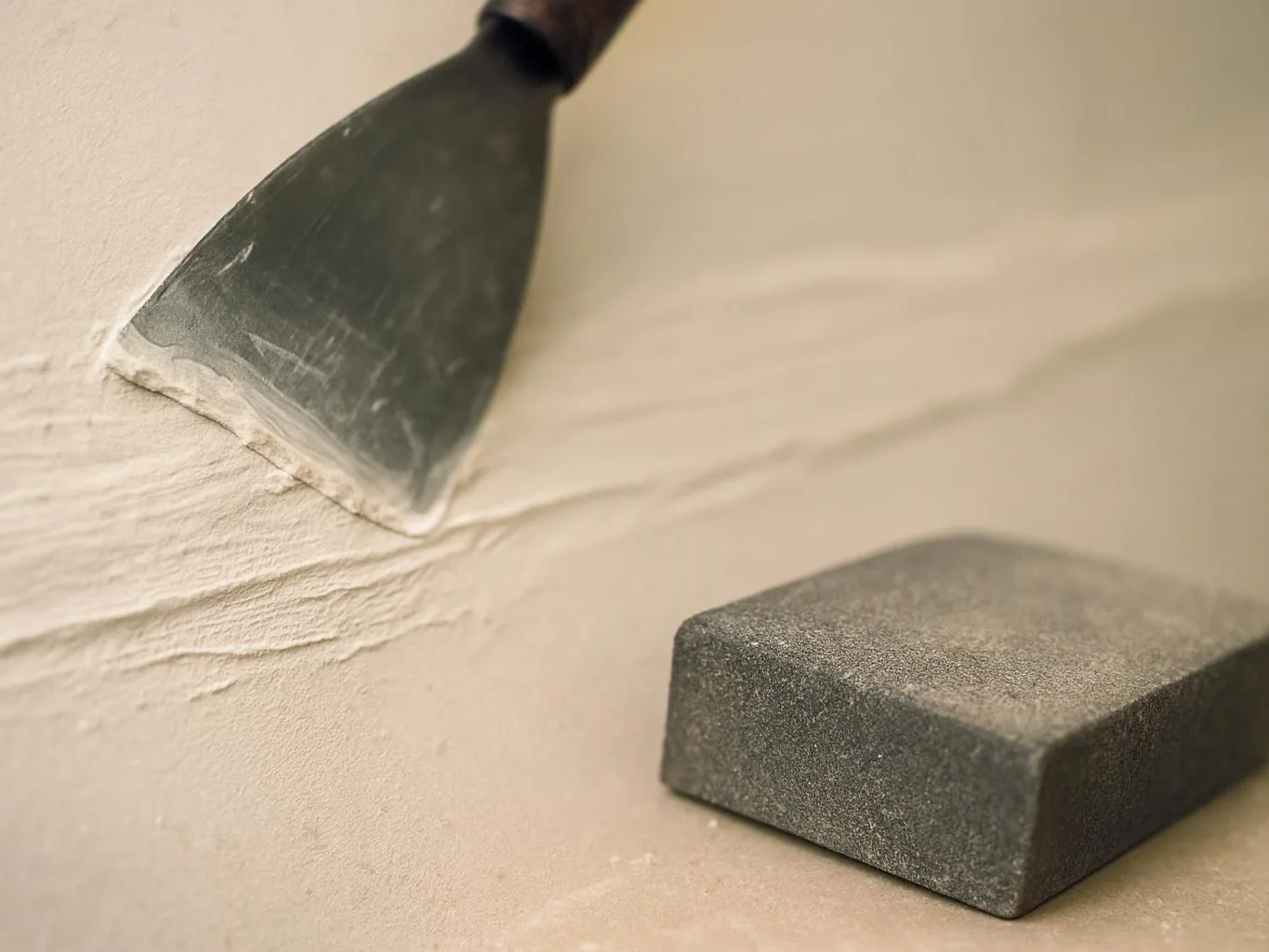 A putty knife smooths beige plaster beside a dusty sanding block on a work surface