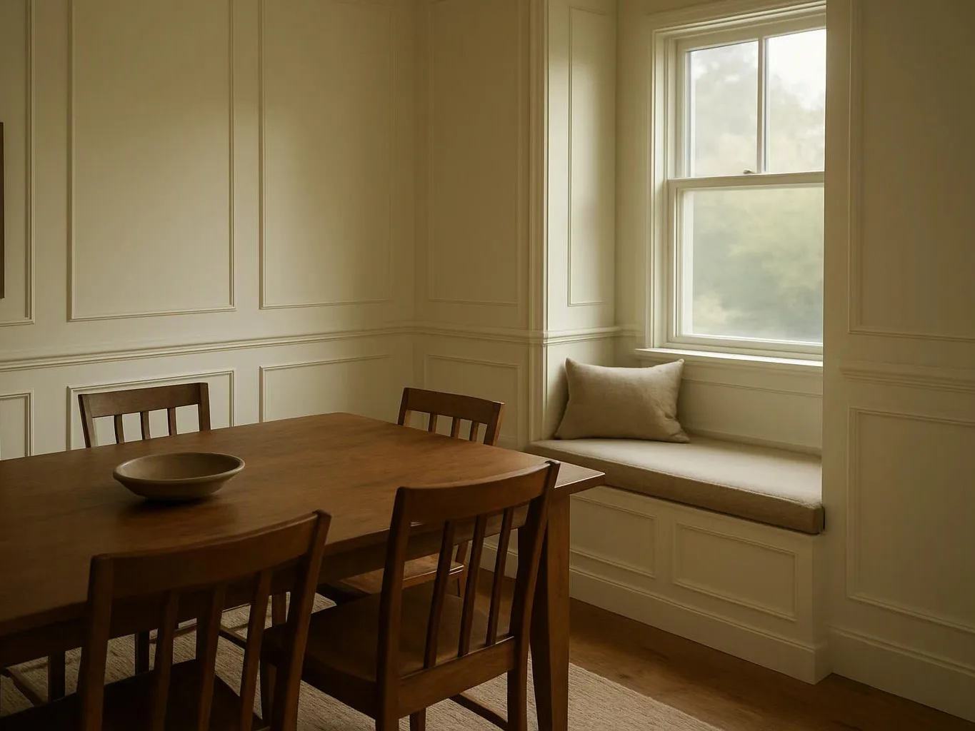 A quiet dining room with a wooden table, four chairs, a bowl, and a window seat with a cushion