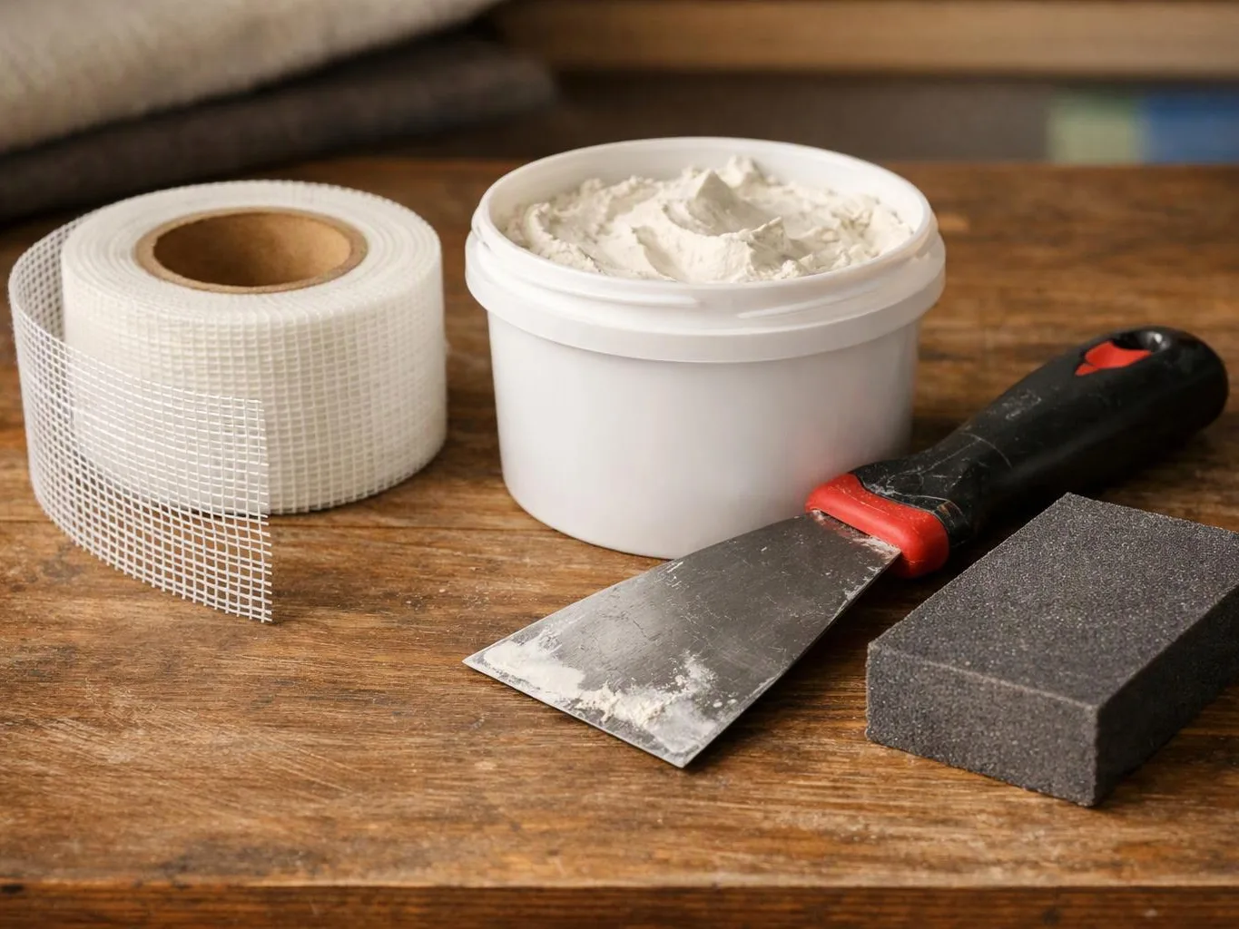 A roll of mesh tape, a tub of filler, a putty knife, and a sanding block rest on a wooden surface