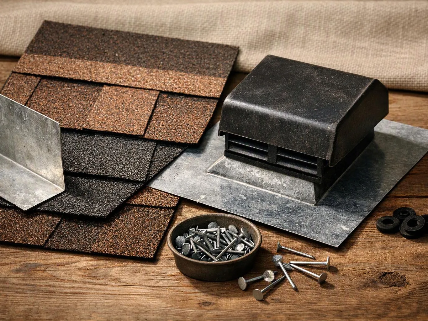 Roofing materials and vent parts sit on a wooden surface with nails and washers nearby