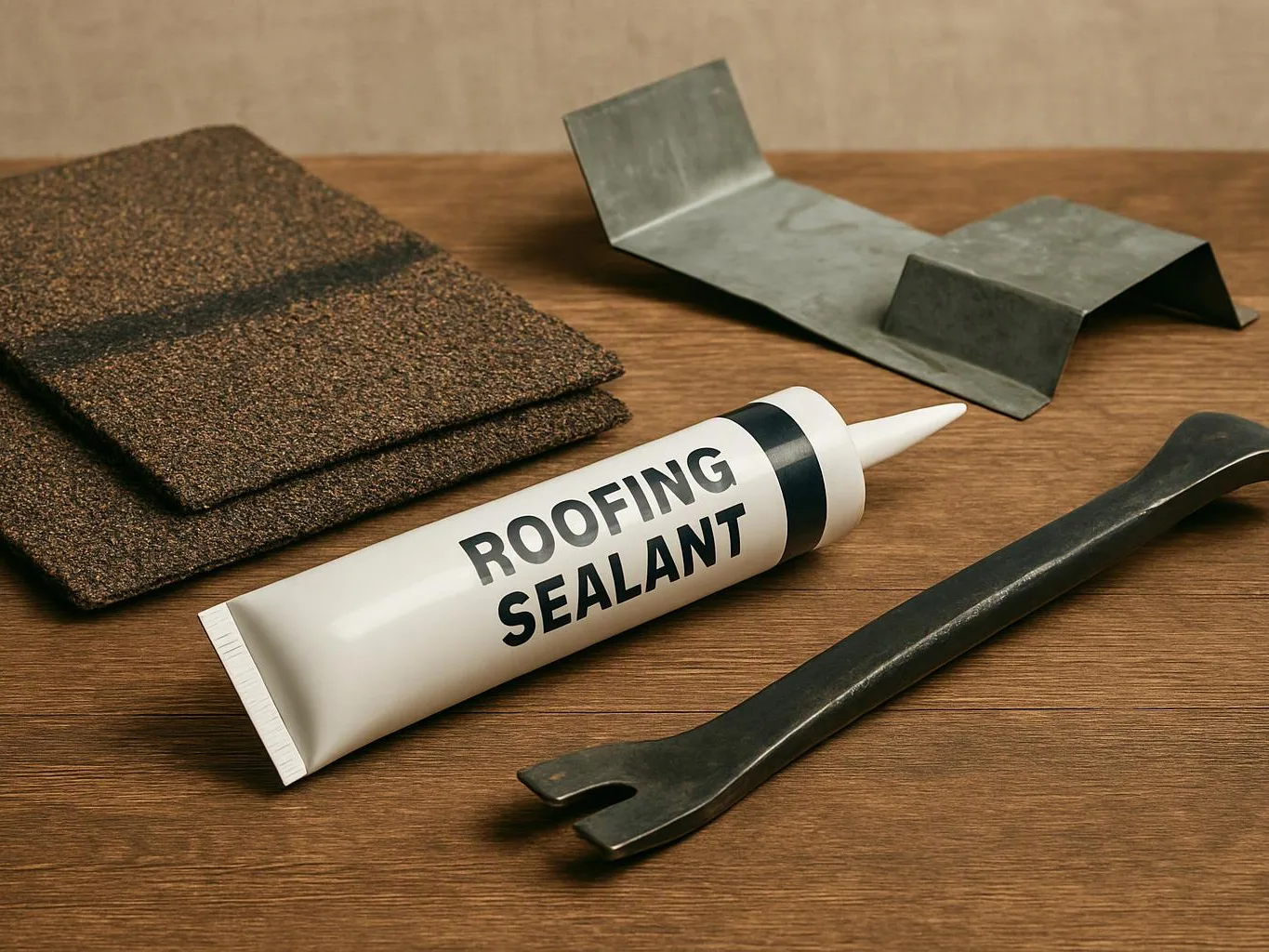 Roofing shingles, a sealant tube, and metal flashing lie on a wooden surface