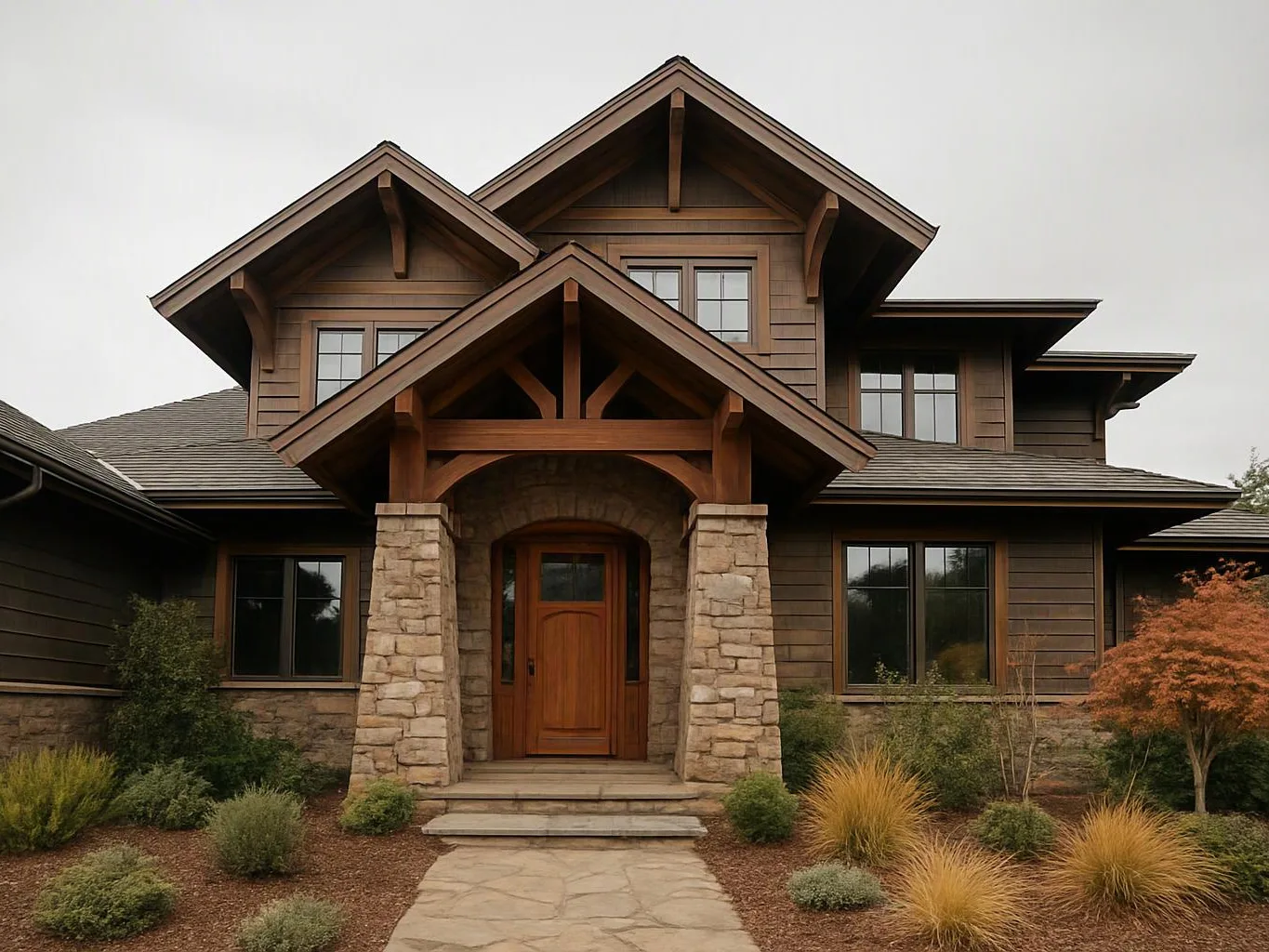 A rustic two-story house with stone pillars, wooden siding, and a front walkway sits among landscaped shrubs