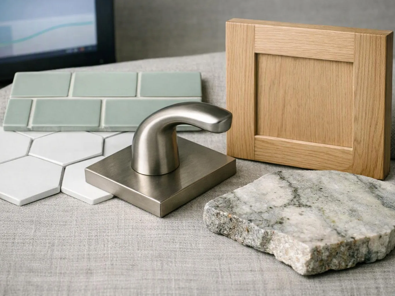 Sample material swatches and a brushed metal handle sit on a gray fabric surface