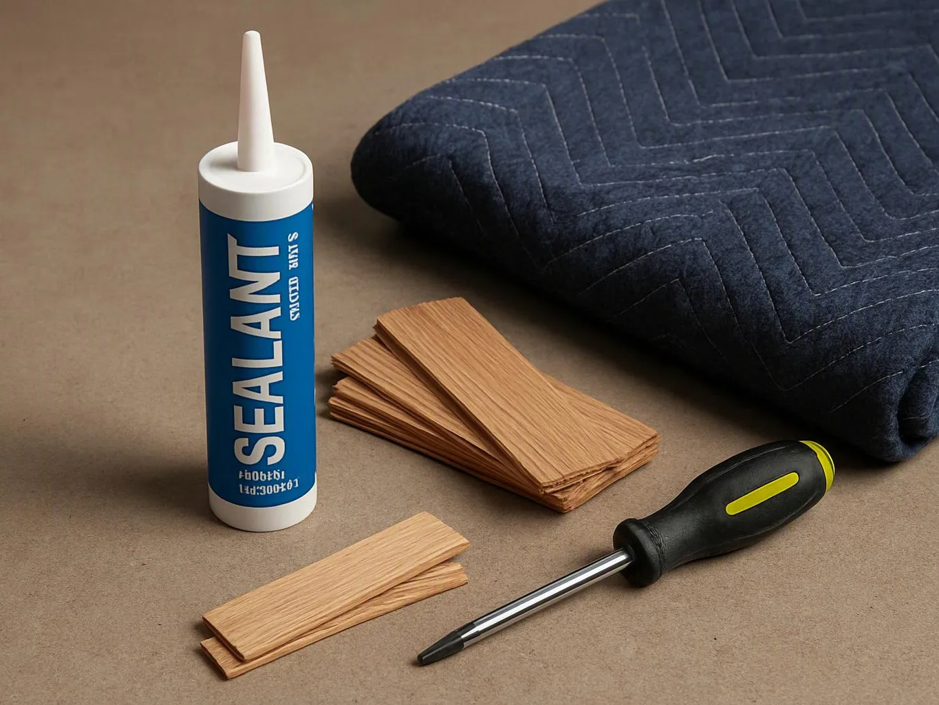 A sealant tube, wood shims, a screwdriver, and a folded quilt rest on a work surface