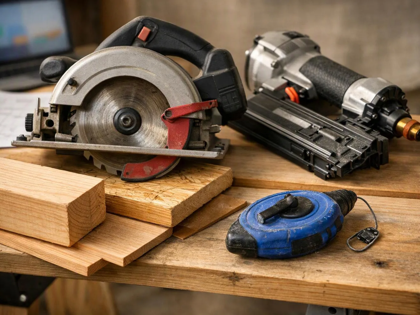 Several power tools and wood pieces sit on a workbench, including a circular saw, nail gun, and tape measure