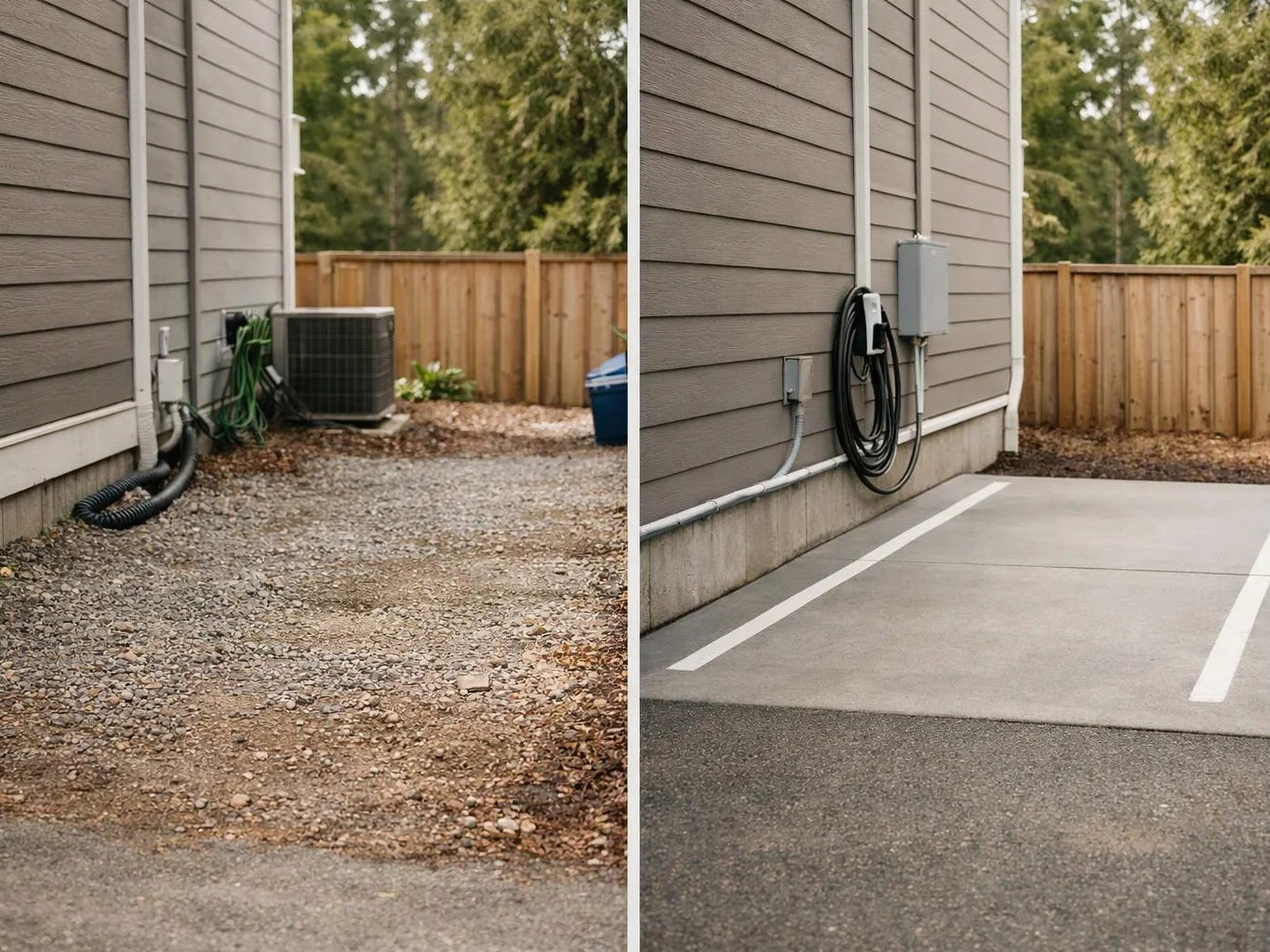 A side yard changes from loose gravel to a smooth concrete pad beside a house with utility boxes and hoses