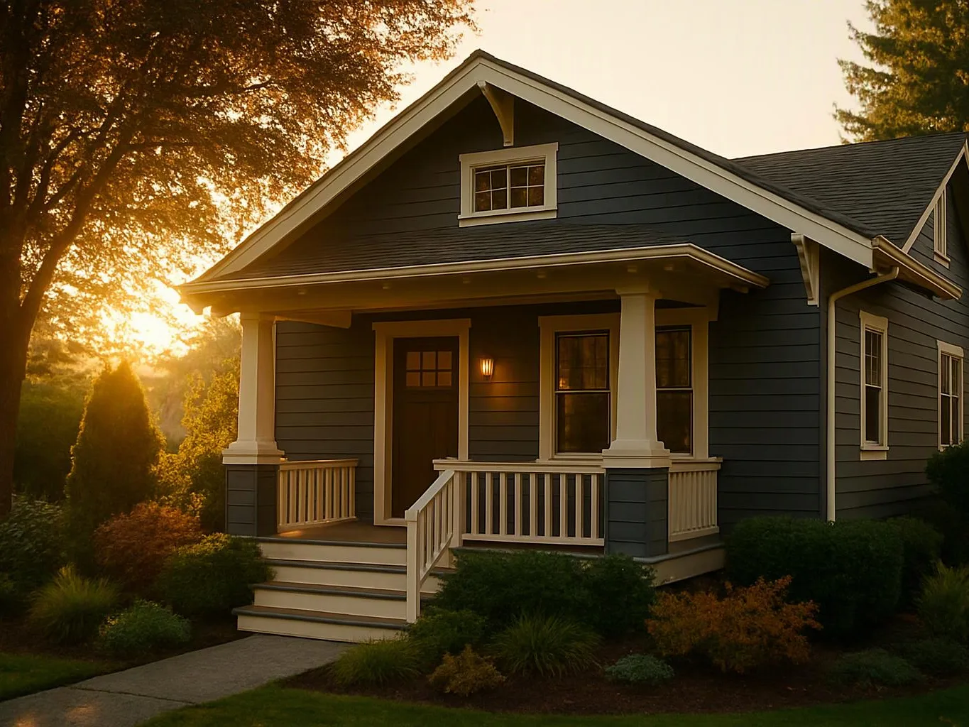A small dark-blue house with a front porch sits among trees at sunset