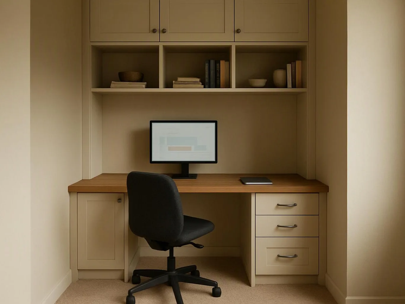 A small home office shows a desk with a computer, black chair, shelves, and closed cabinets in a beige alcove