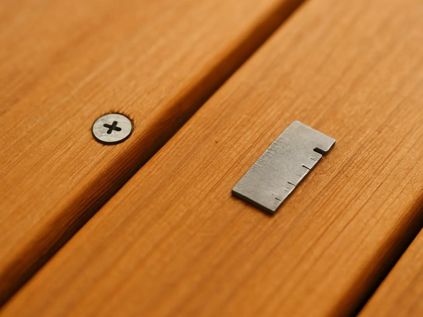 A small metal tab and a screw sit on warm wooden slats in close-up
