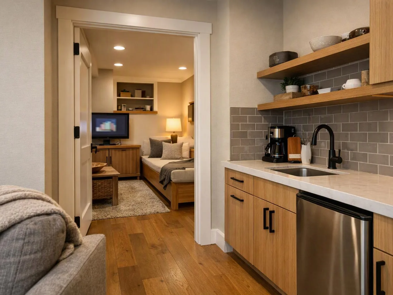 A small modern apartment shows a kitchenette beside a cozy bedroom with a TV and lamp