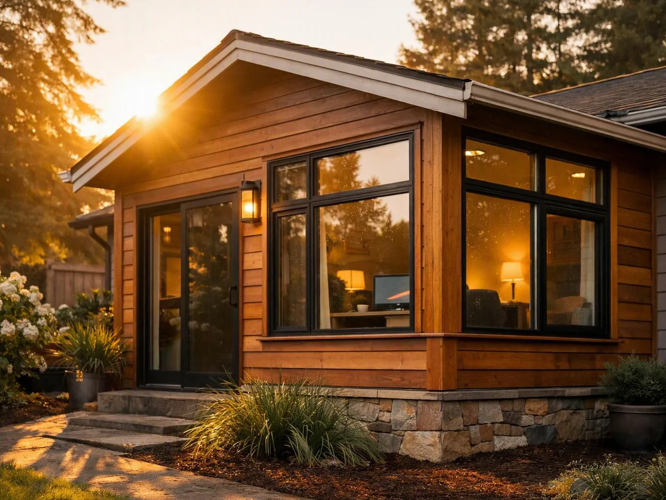 A small wooden house glows in sunset light, with lit windows, a front door, and stone trim