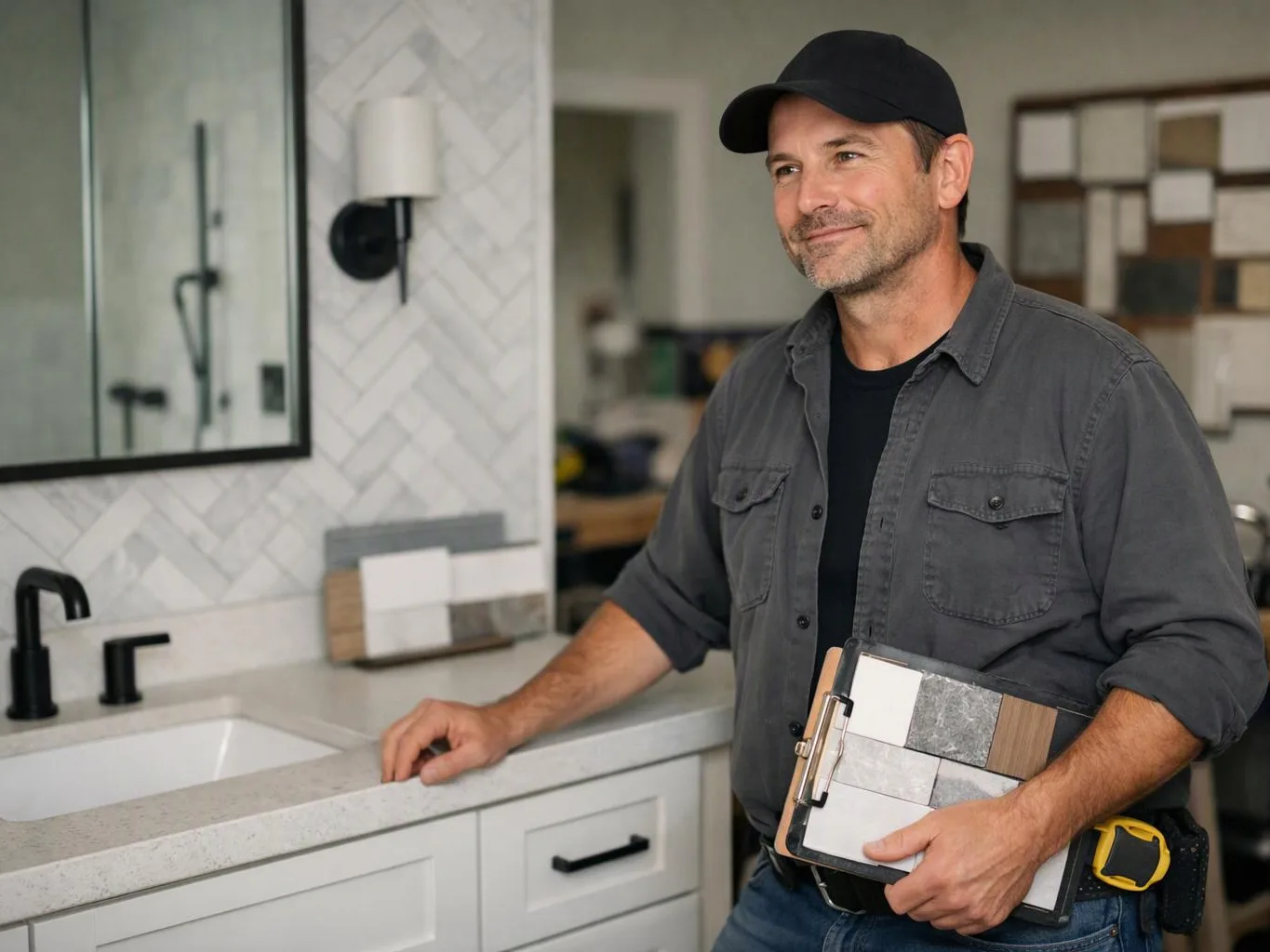 A smiling man in a cap stands beside a bathroom sink, holding tile samples and a tape measure