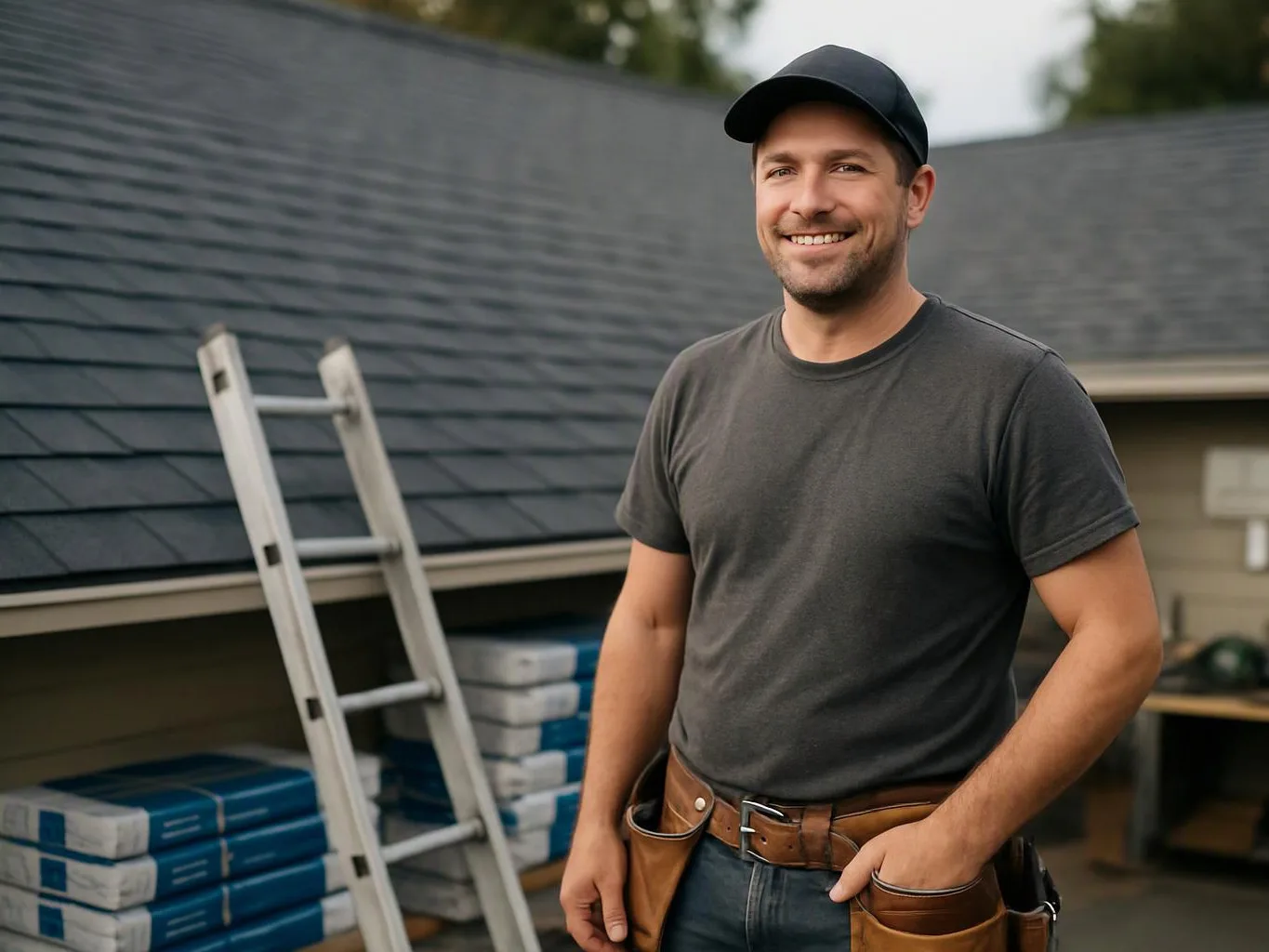 A smiling man in a cap stands beside a roof with a ladder and stacked roofing materials behind him