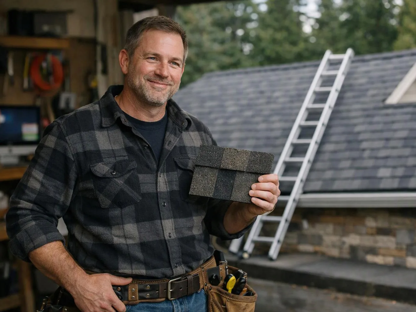A smiling man holds roofing shingles in a garage, with a ladder leaning on a shingled roof outside