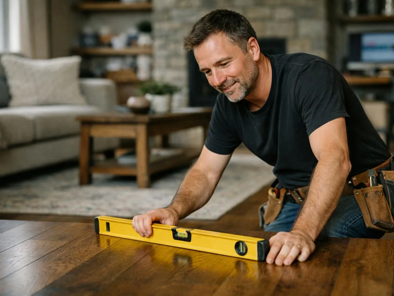 A smiling man kneels by a wooden floor, checking it with a yellow spirit level in a living room