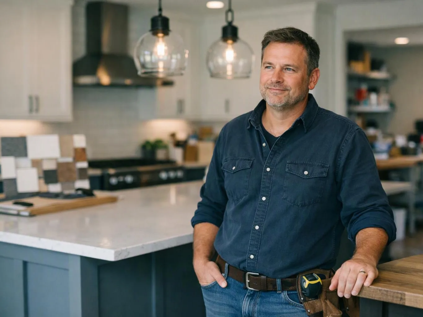 A smiling man stands in a bright kitchen showroom with pendant lights, cabinets, and a large island behind him