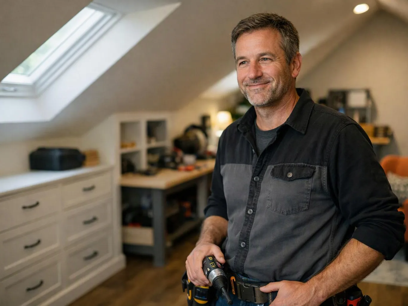 A smiling man stands in a small attic room, holding a power drill with tools on his belt