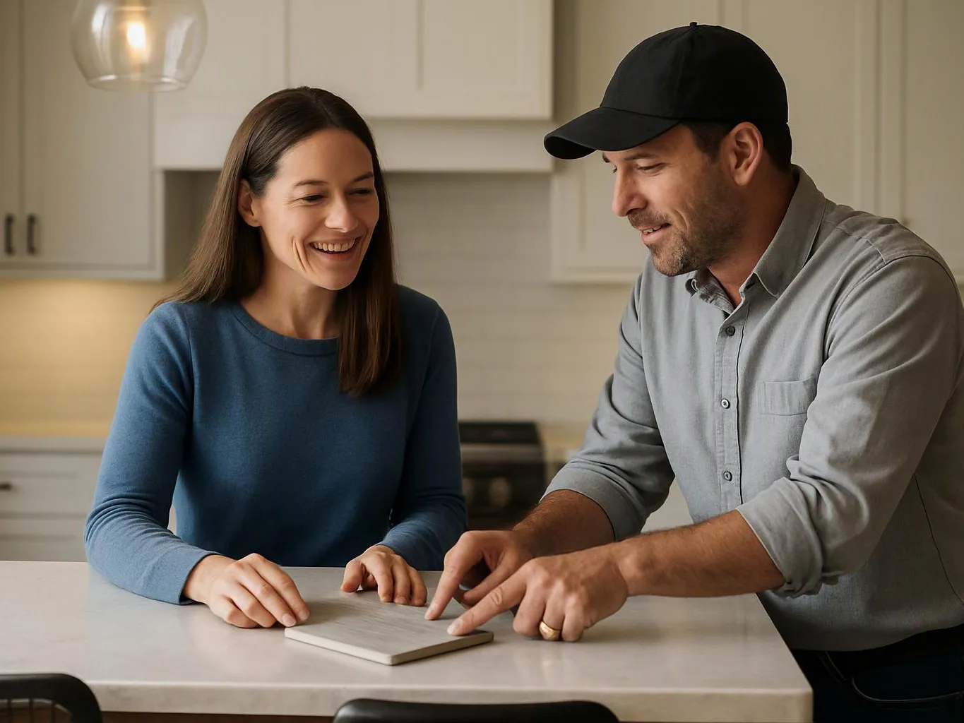 A smiling man and woman look at a small tile on a kitchen counter in a bright home kitchen