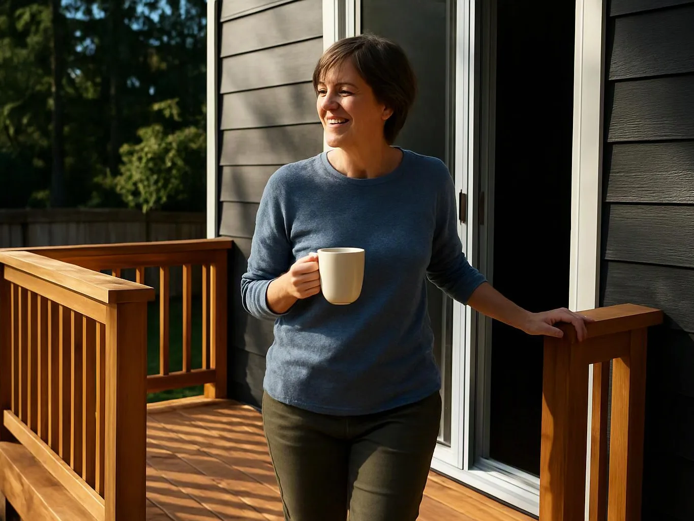 A smiling woman holds a mug on a sunlit wooden deck beside an open sliding door