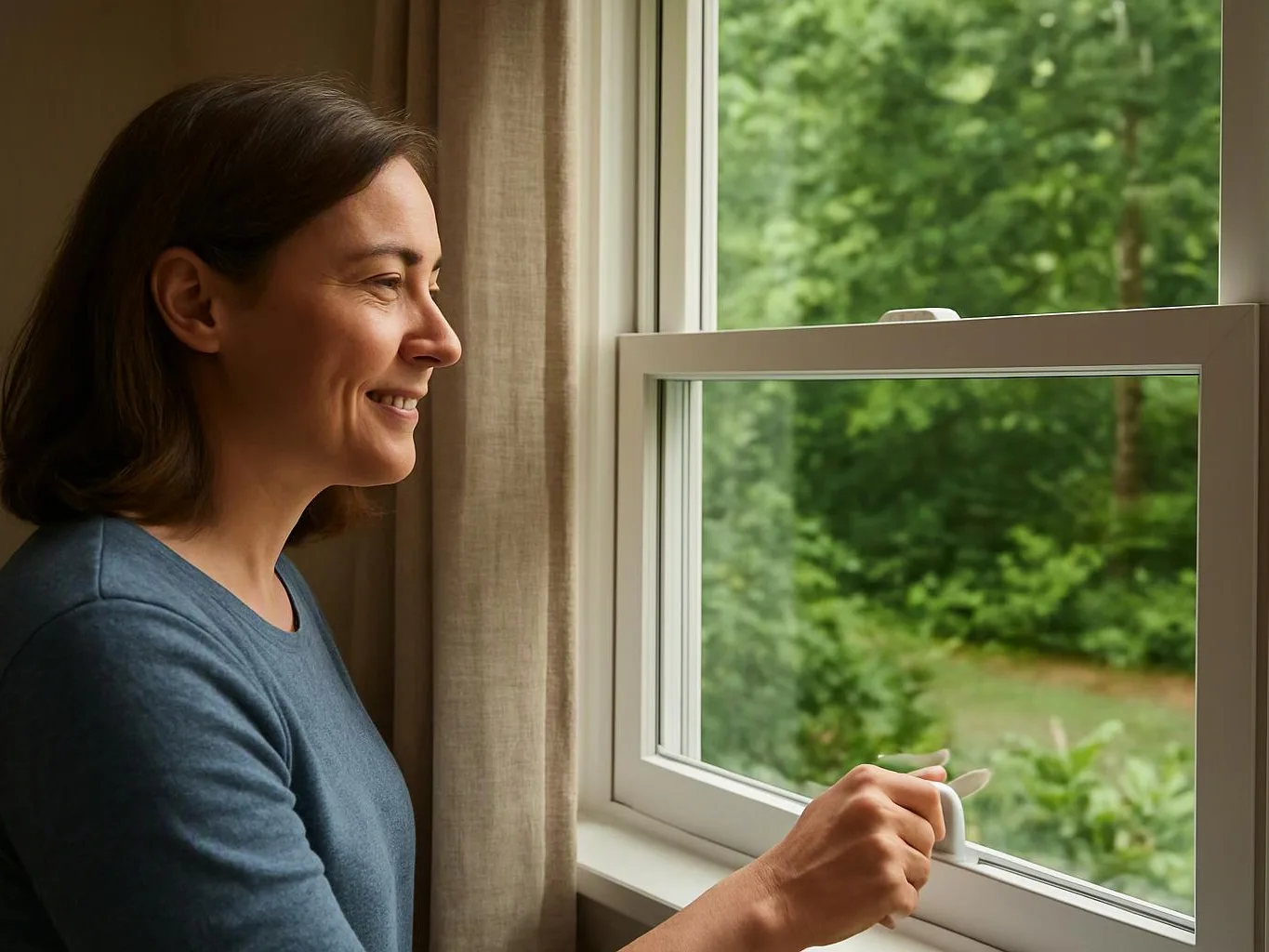 A smiling woman opens a white window beside beige curtains, with green trees outside