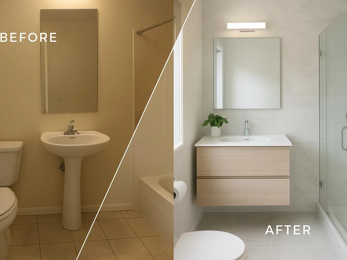 Split bathroom before and after view shows a plain sink replaced by a floating vanity and mirror