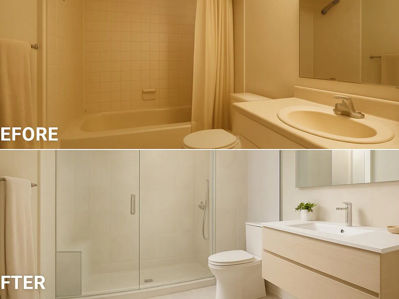 Split bathroom renovation shows a dated beige bath above and a bright modern shower room below