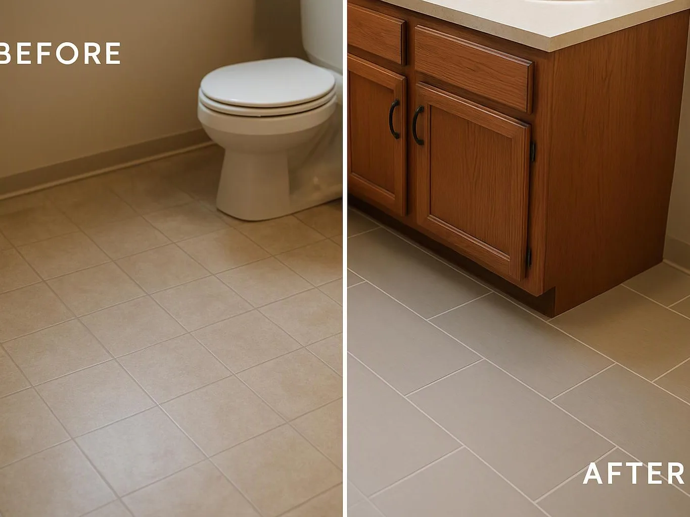 Split bathroom view shows a toilet on tile floor before, and a wood vanity after