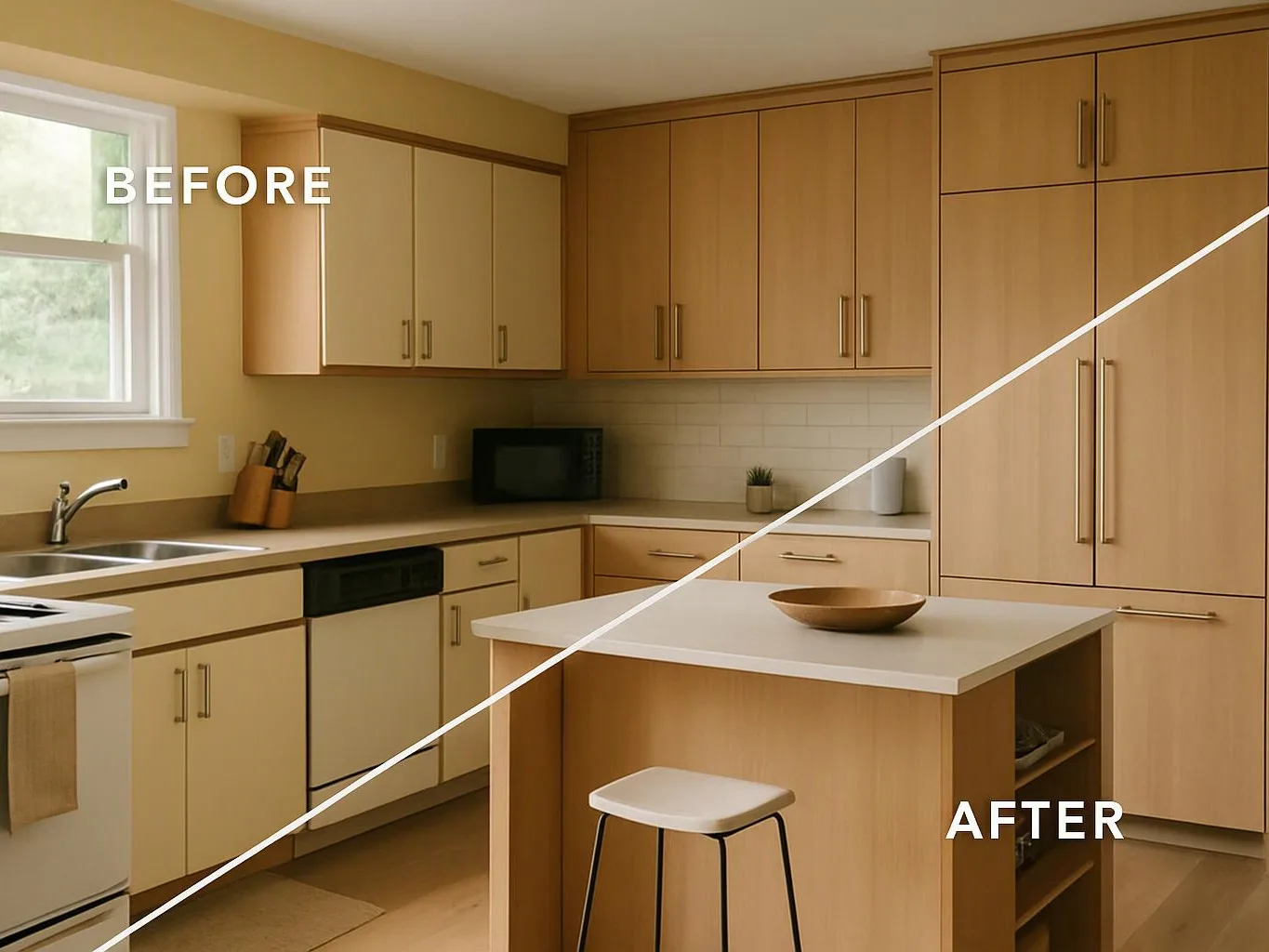 A split before-and-after kitchen shows light wood cabinets, a center island, and a cleaner, brighter layout