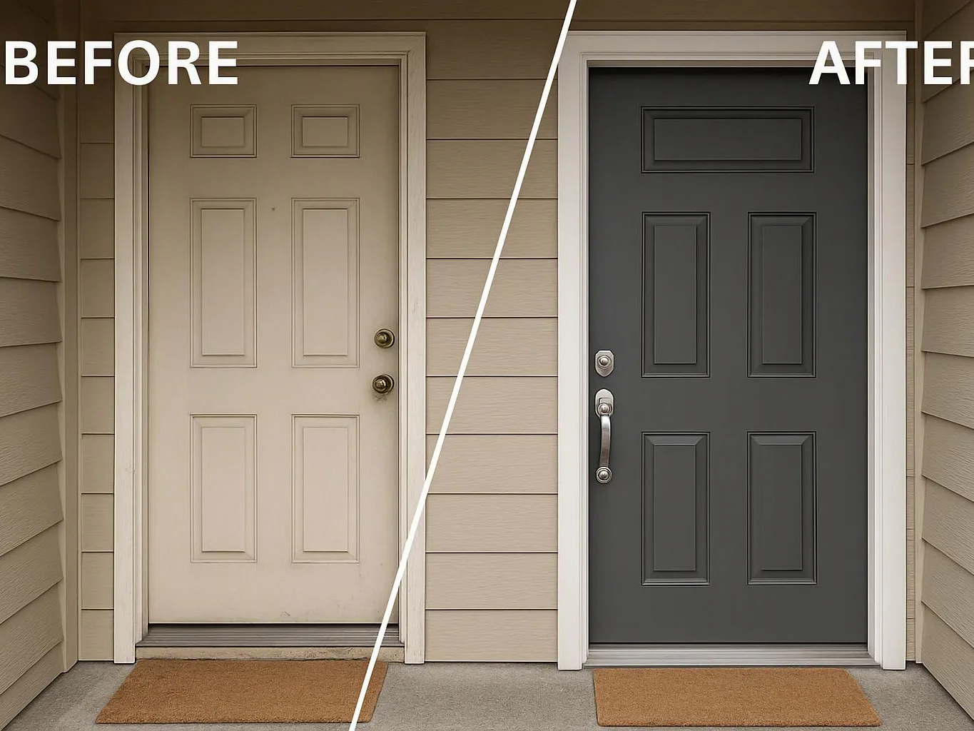 A split before-and-after shows a house entry door changing from beige to dark gray with new hardware