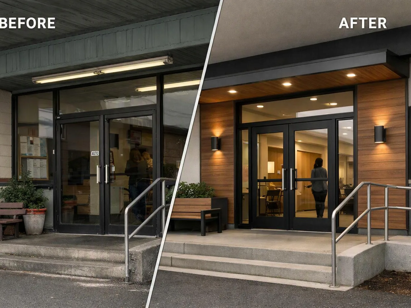 Split before-and-after view of a building entrance with new wood siding, lights, steps, and glass doors