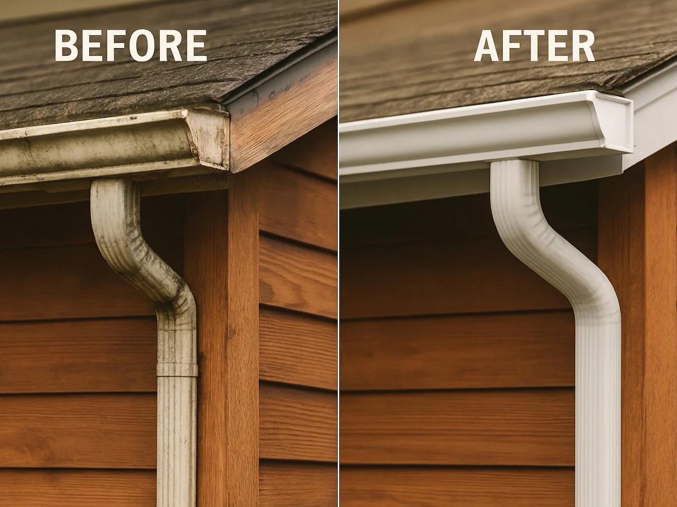 Split before and after view of a house gutter and downspout, showing a dirty old gutter beside a clean white replacement