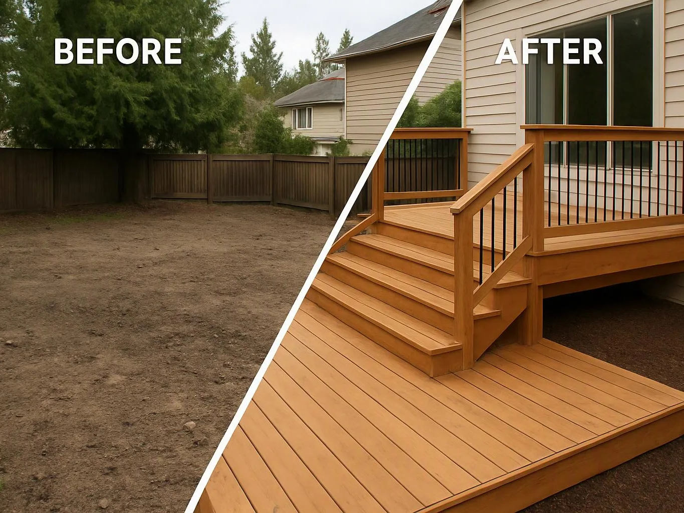 Split before-and-after view shows a bare dirt yard changing into a wooden deck with steps and railings by a house