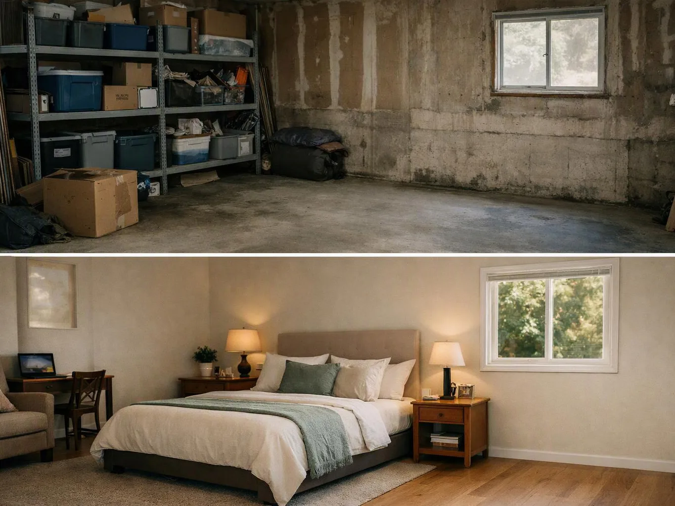 A split image shows a cluttered unfinished basement above and a bright furnished bedroom below