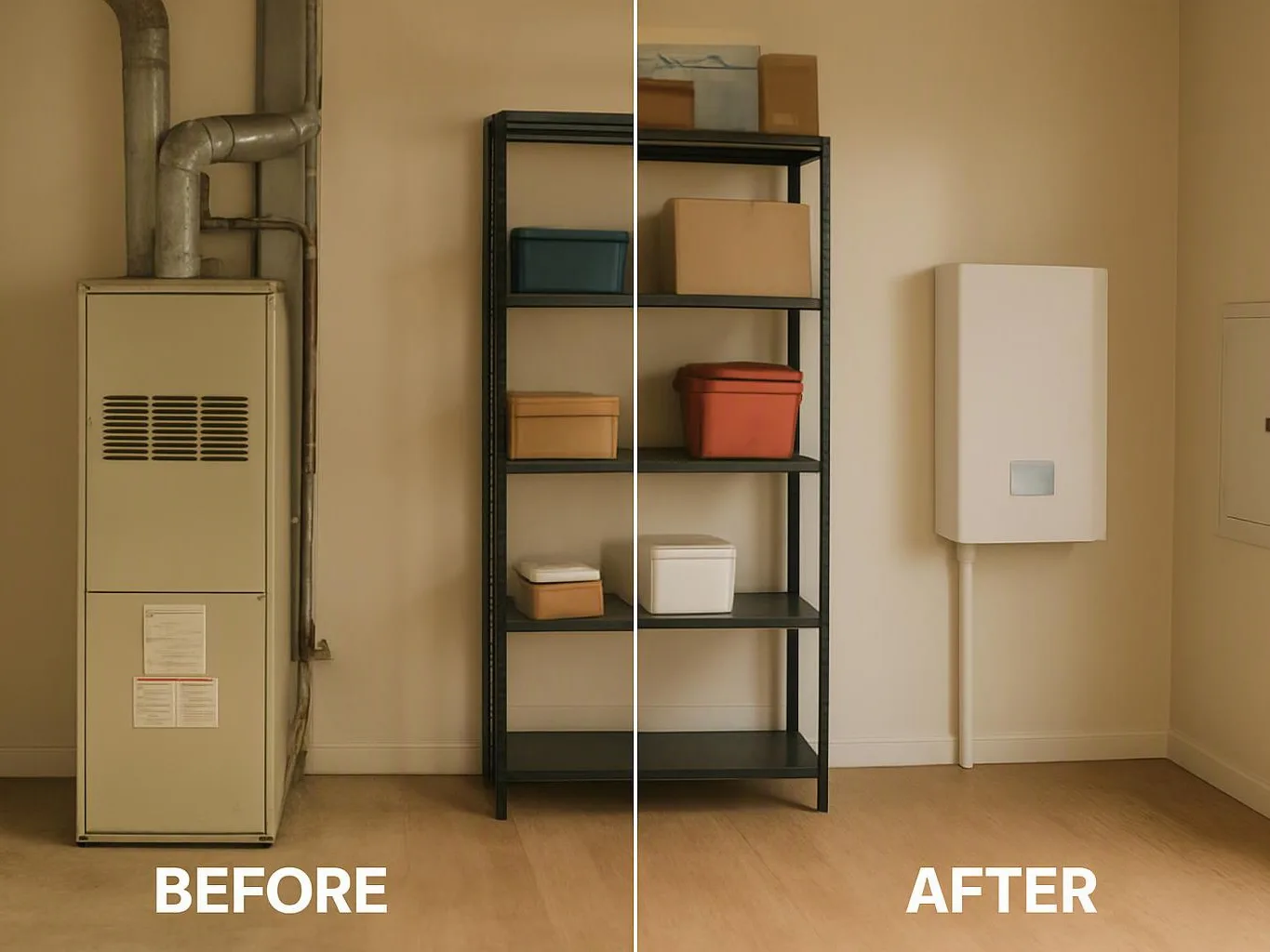 Split image of a utility room before and after, showing a furnace, shelving, and a wall-mounted white box