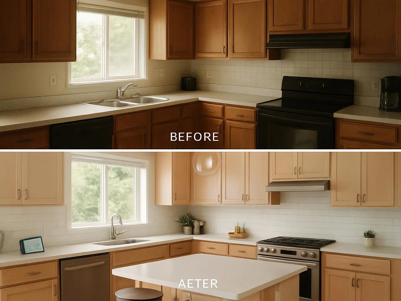 A split kitchen photo shows dark cabinets before and a brighter remodeled kitchen with a center island after