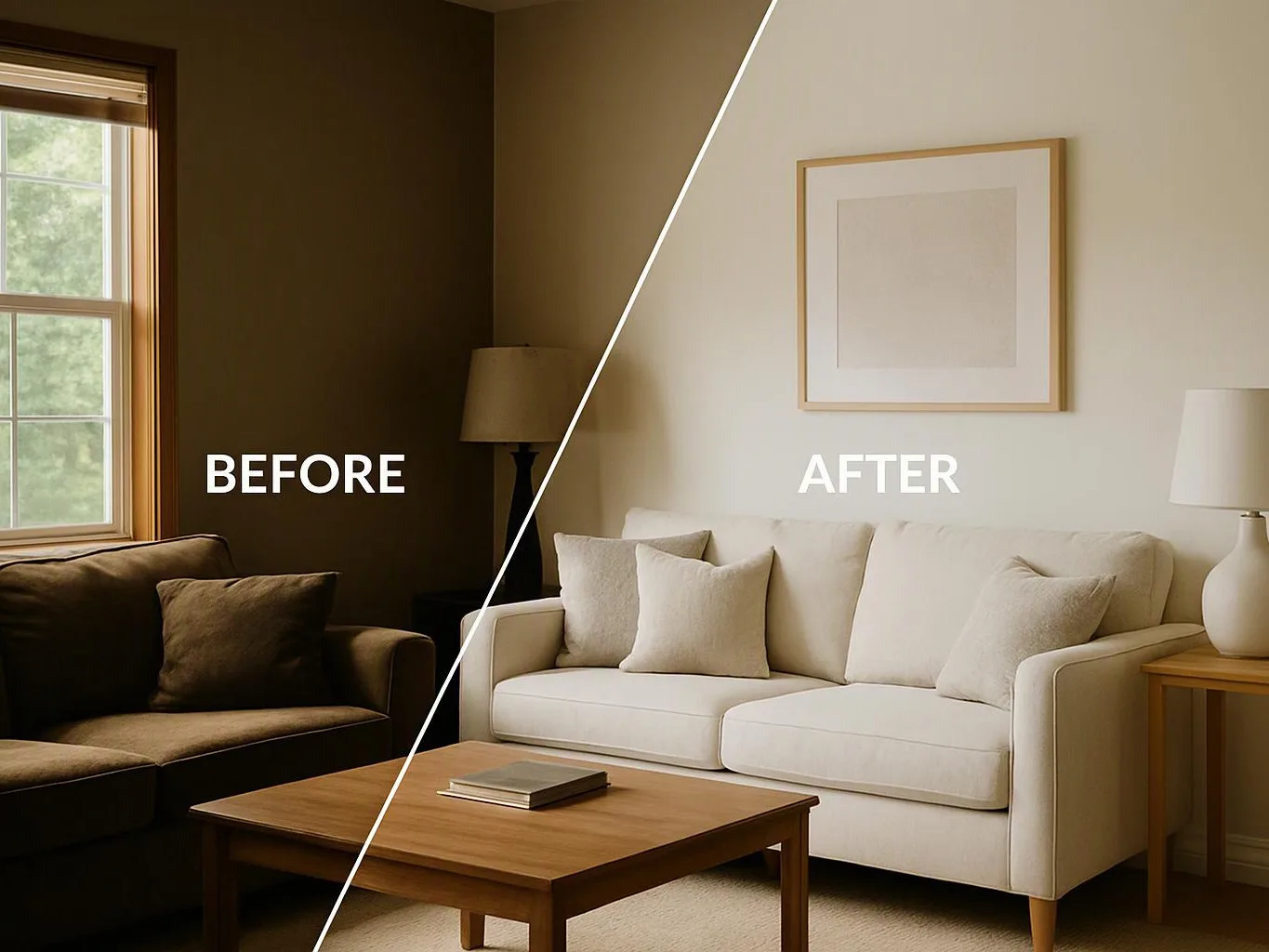 Split living room comparison shows a dark brown sofa and bright white sofa with table, lamp, and window