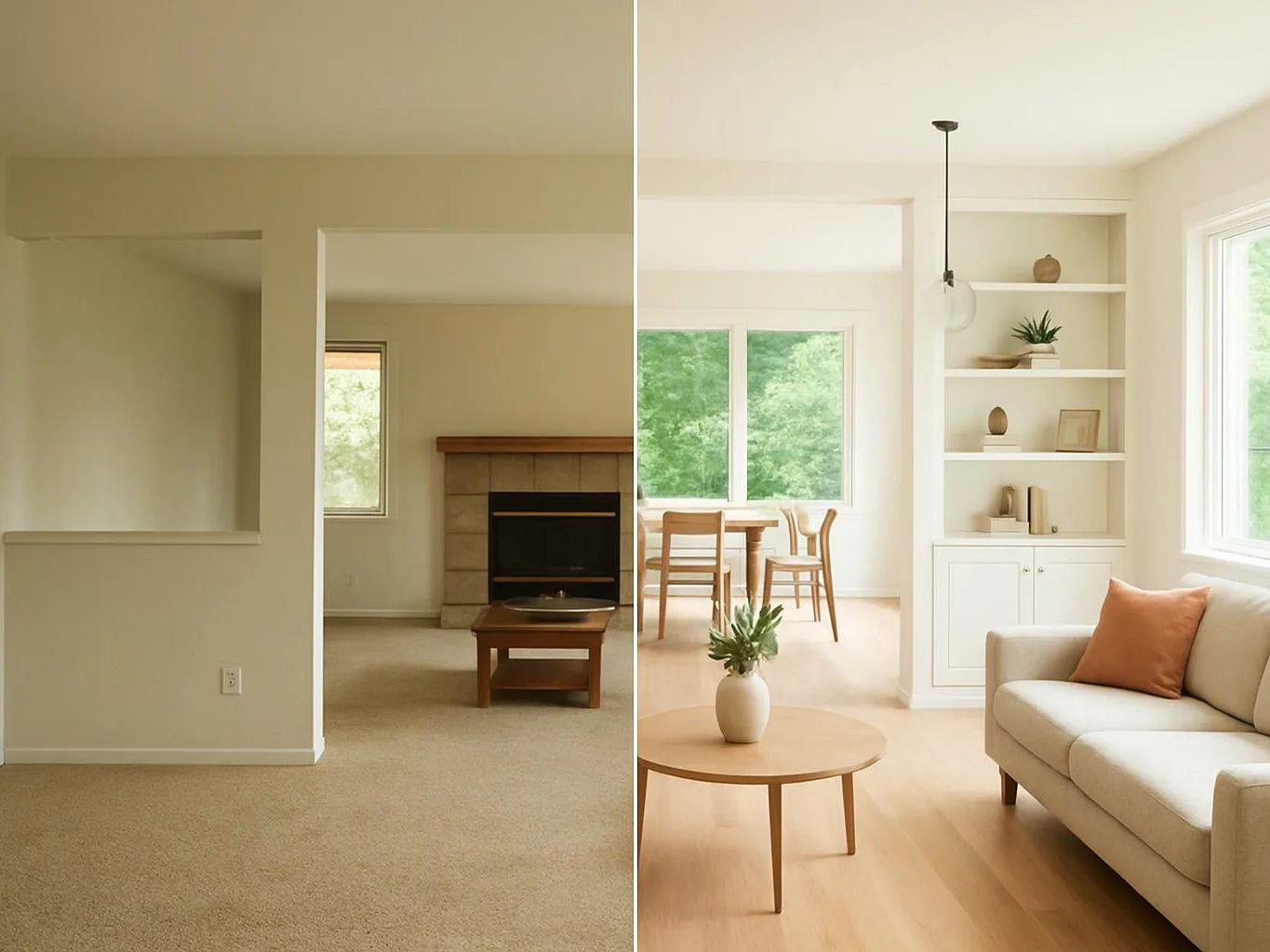 Split-screen living room shows a bare beige space on the left and a bright furnished room on the right