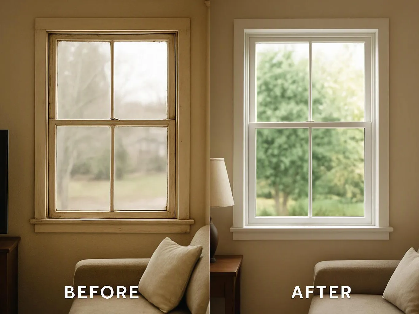 Split-screen living room shows an old window before and a white-framed replacement after, with sofa and lamp nearby