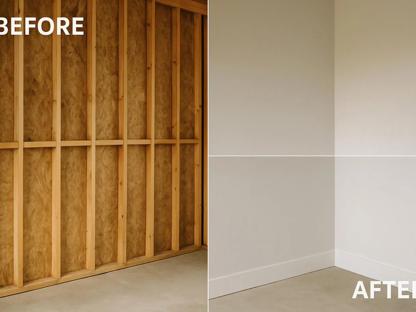 Split-screen room wall shows exposed wooden studs before and a smooth painted corner after